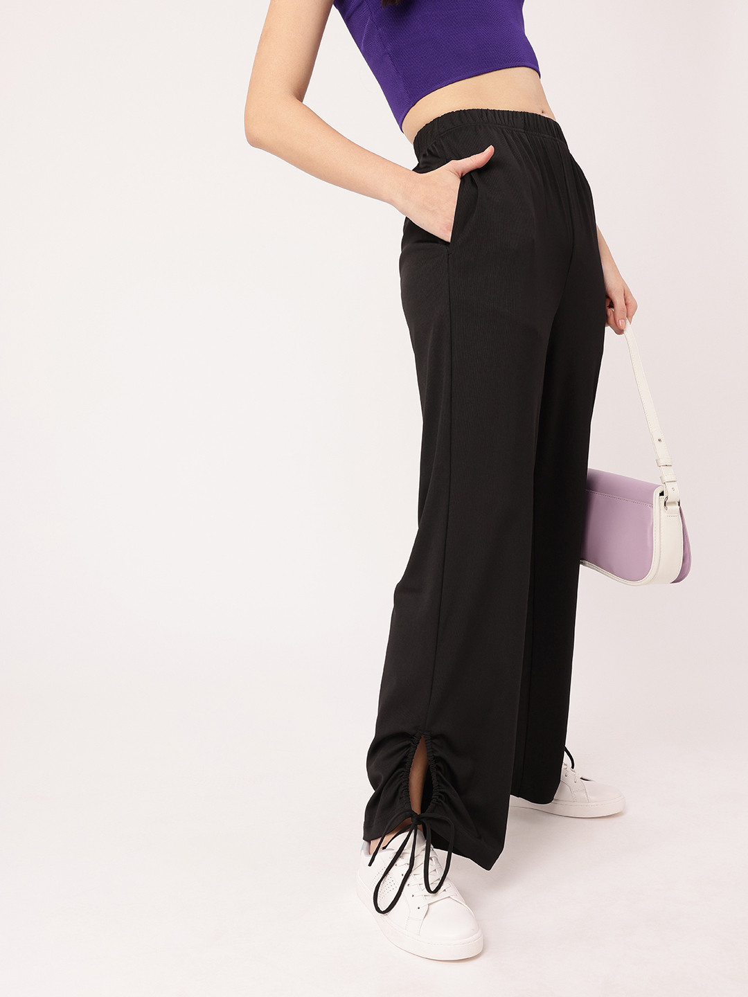 

DressBerry Women Street Glam Ribbed Tie-up Detailed Relaxed Fit Trousers, Black