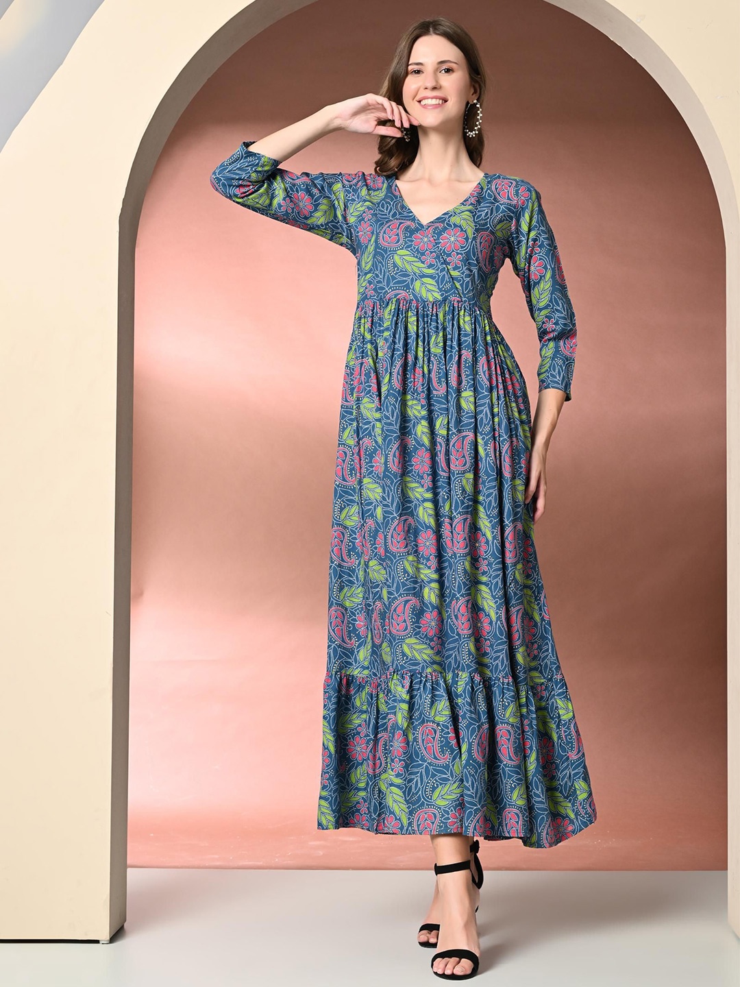 

DAEVISH Ethnic Motifs Printed V-Neck Maxi Dress, Blue