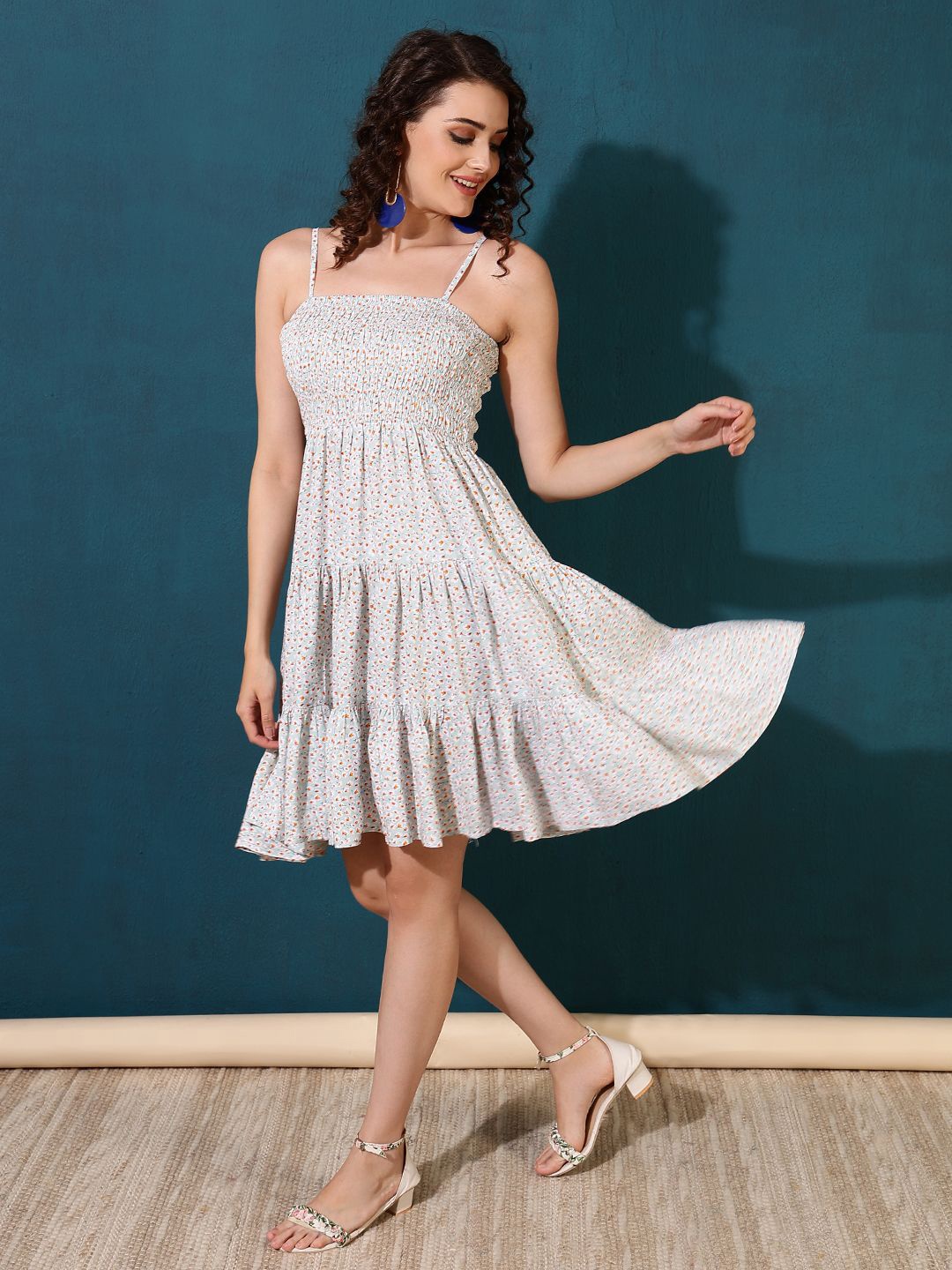 

DAEVISH Floral Sleeveless Tiered Fit & Flare Dress, Off white
