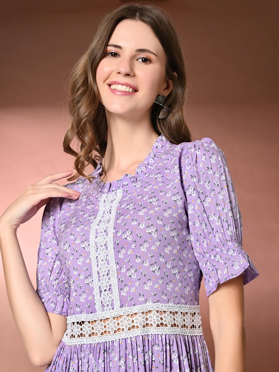 

DAEVISH Printed Round Neck A-Line Midi Dress, Lavender