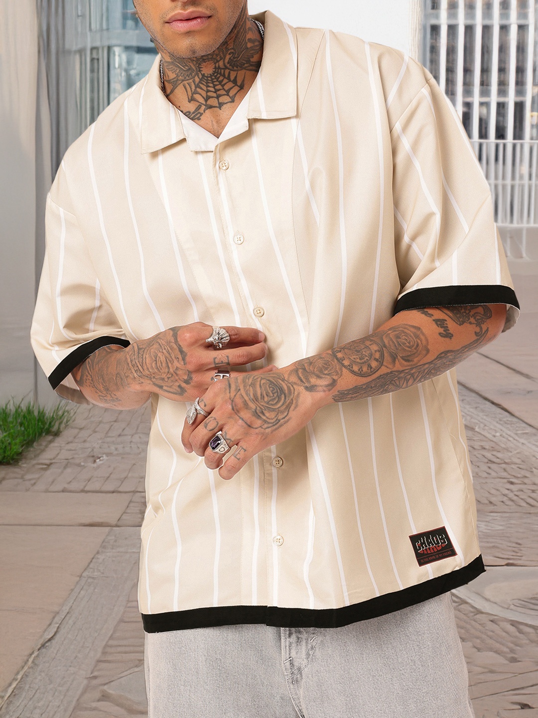 

Kook N Keech Urban Vibe Striped Oversized Shirt, Beige