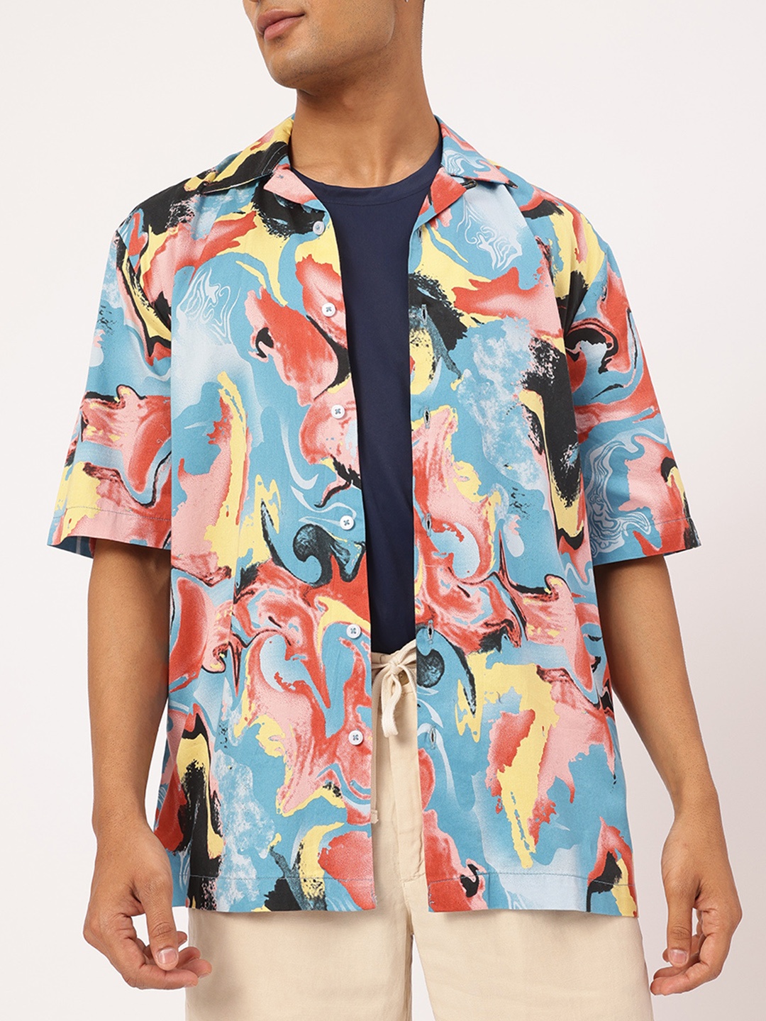 

Kook N Keech Versatile Essential Cotton Abstract Printed Oversized Shirt, Blue