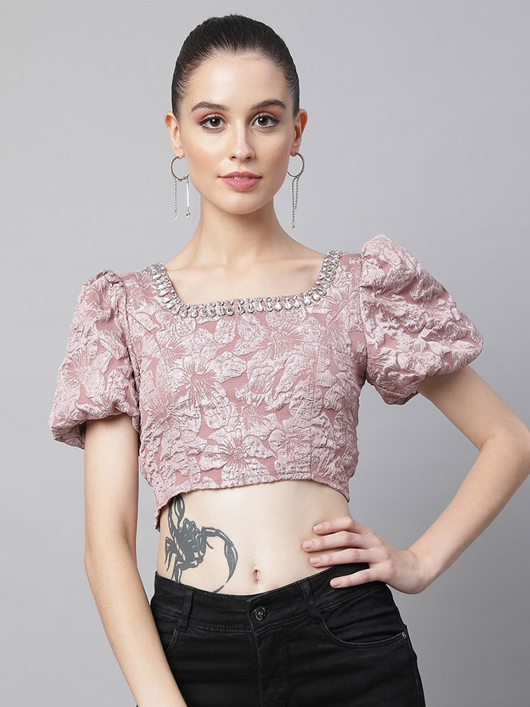 

Global Republic Floral Print Puff Sleeve Crop Top, Pink