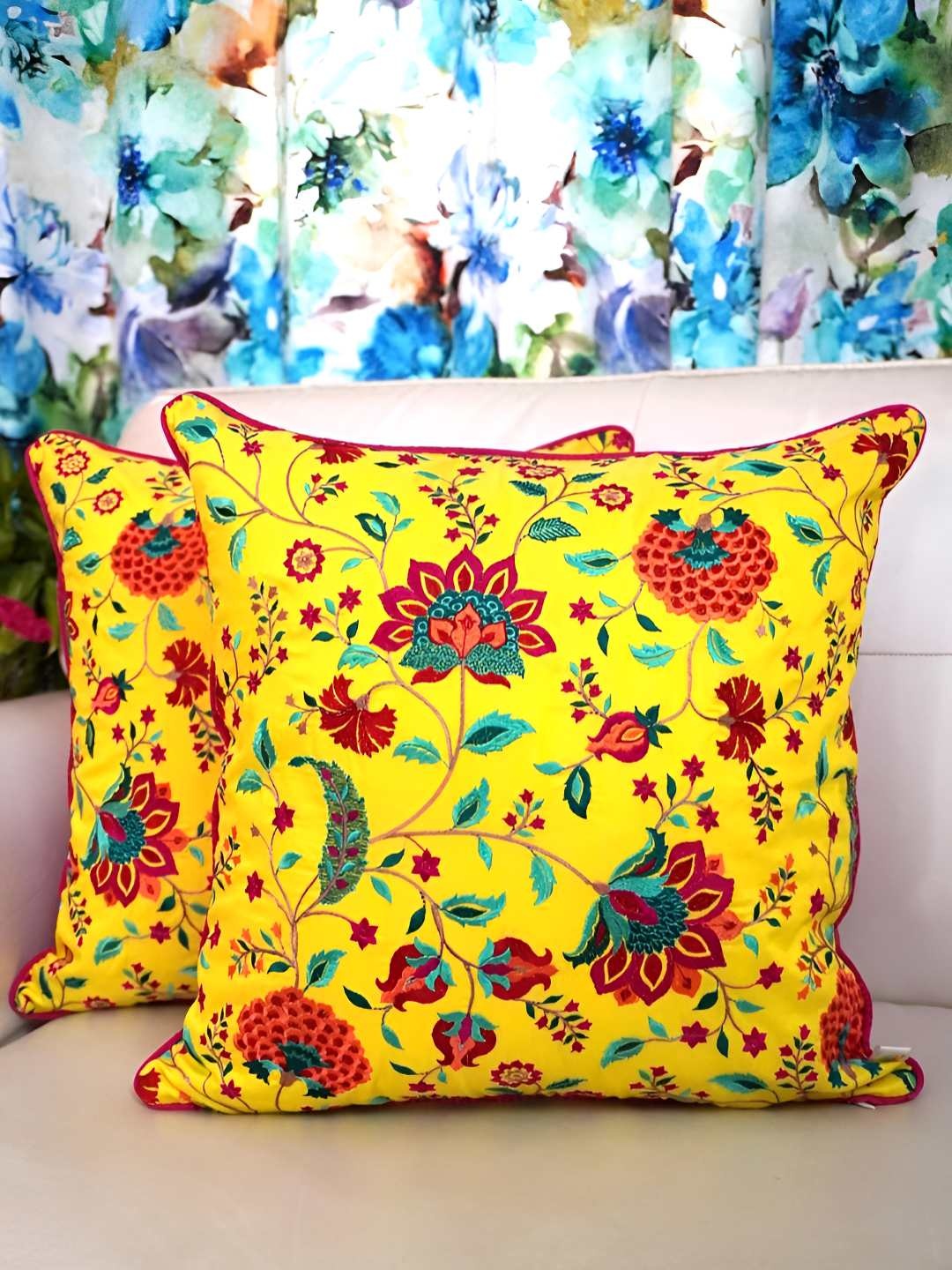 

TARA- Sparkling Homes Yellow & Red 2 Pieces Embroidered Square Cushion Covers