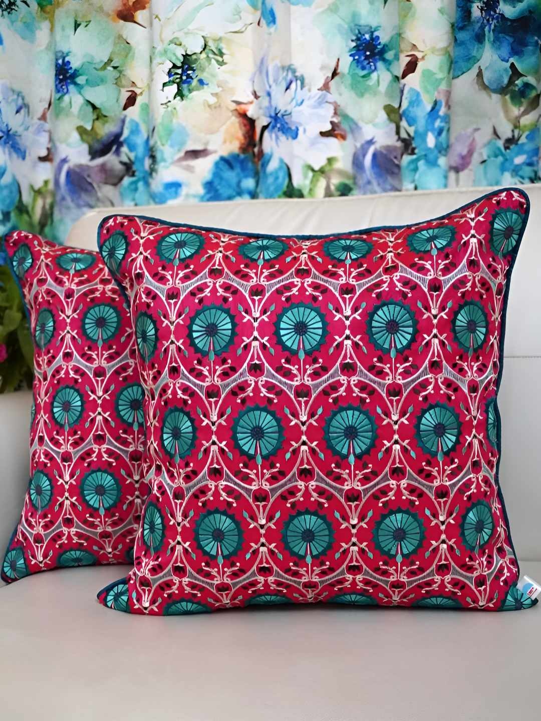

TARA- Sparkling Homes Pink & Blue 2 Pieces Embroidered Square Cushion Covers