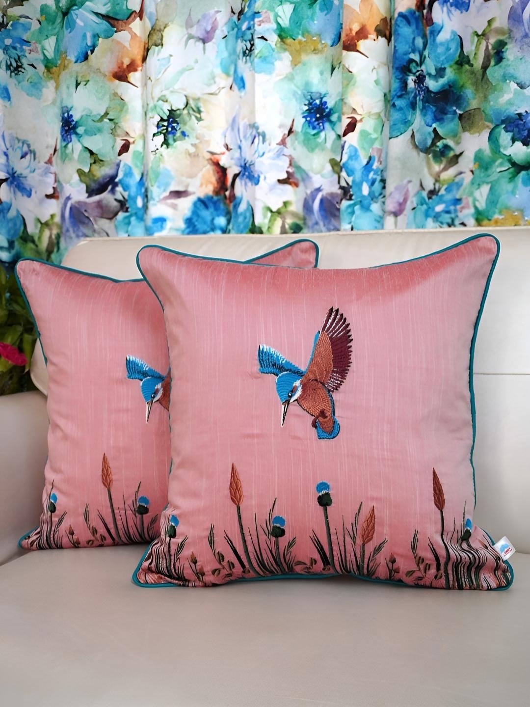 

TARA- Sparkling Homes Pink & Blue 2 Pieces Embroidered Square Cushion Covers
