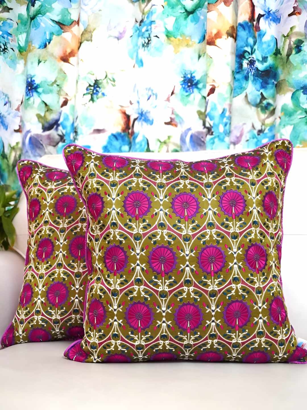 

TARA- Sparkling Homes Green & Purple 2 Pieces Floral Embroidered Square Cushion Covers