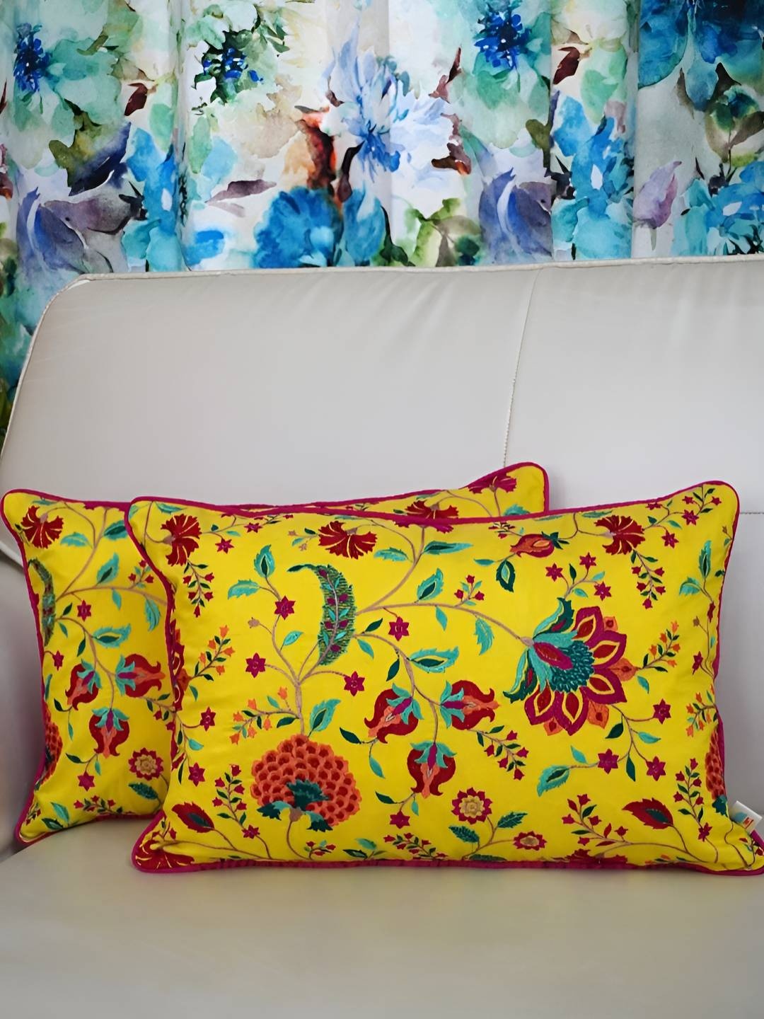 

TARA- Sparkling Homes Yellow & Blue 2 Pieces Floral Embroidered Rectangle Cushion Covers