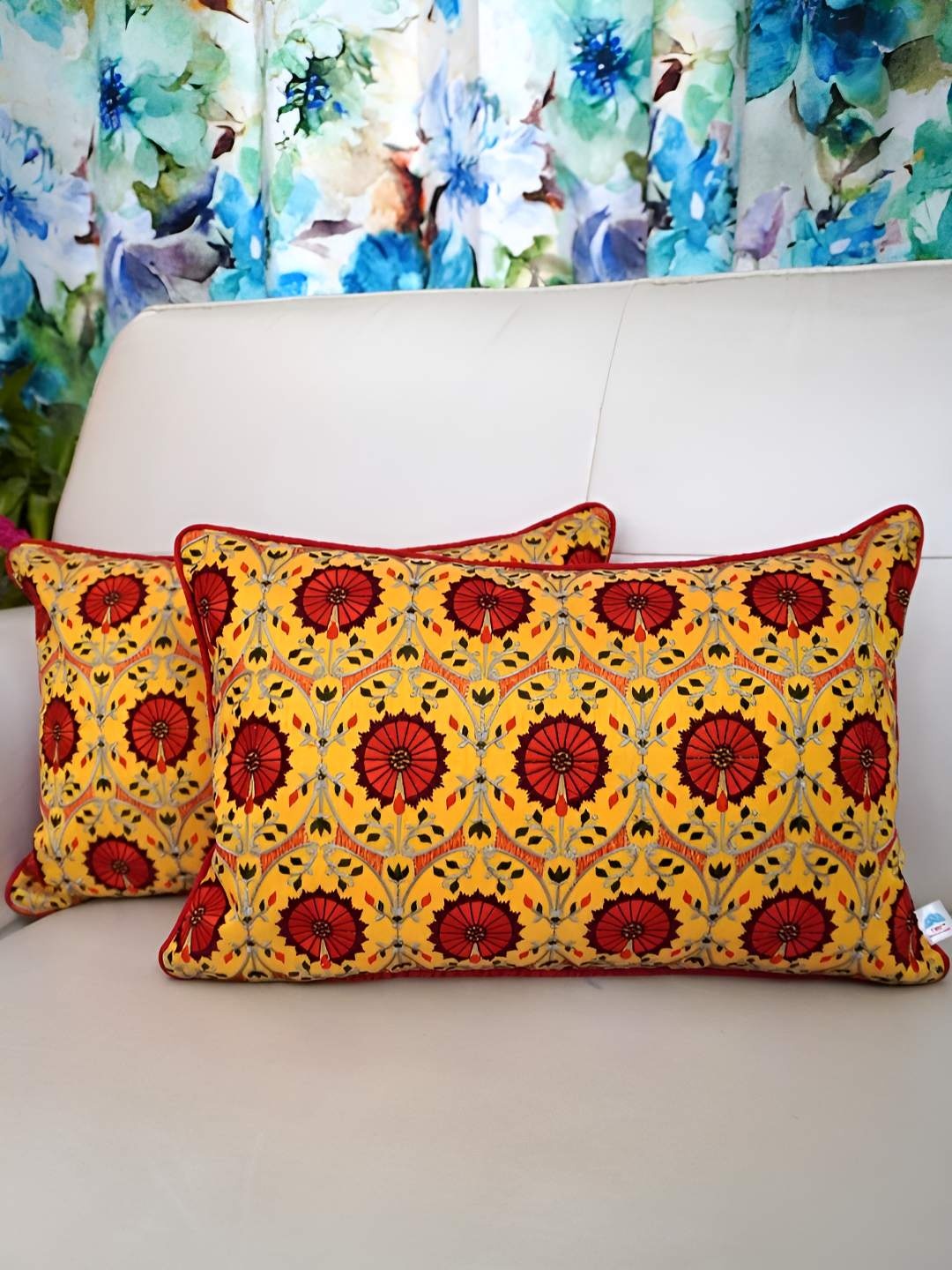 

TARA- Sparkling Homes Yellow & Red 2 Pieces Embroidered Rectangle Cushion Covers