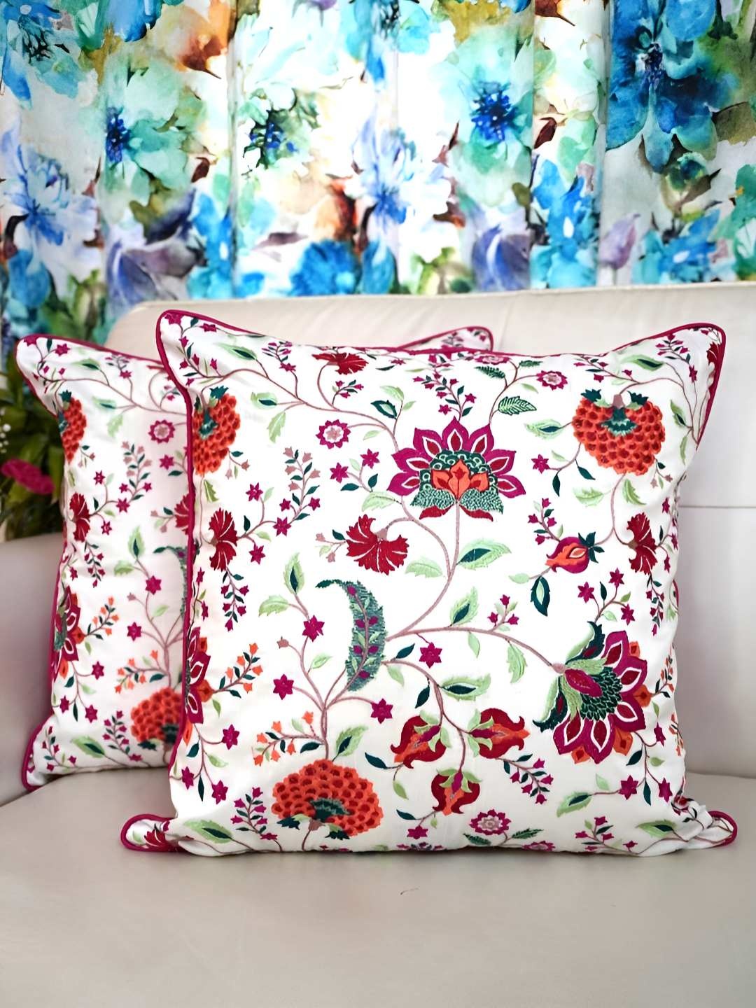 

TARA- Sparkling Homes White & Red 2 Pieces Embroidered Square Cushion Covers