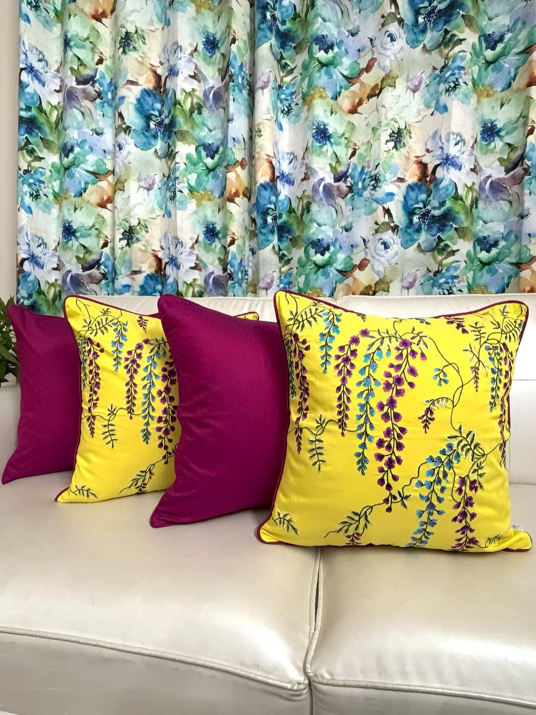 

TARA- Sparkling Homes Yellow & Purple 4 Pieces Floral Embroidered Square Cushion Covers