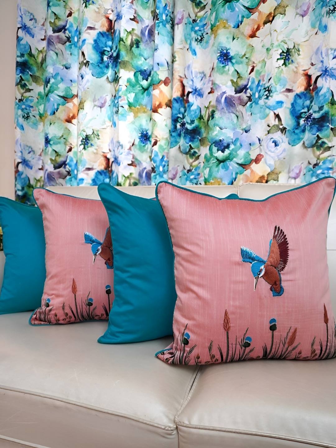 

TARA- Sparkling Homes Pink & Blue 4 Pieces Embroidered Square Cushion Covers