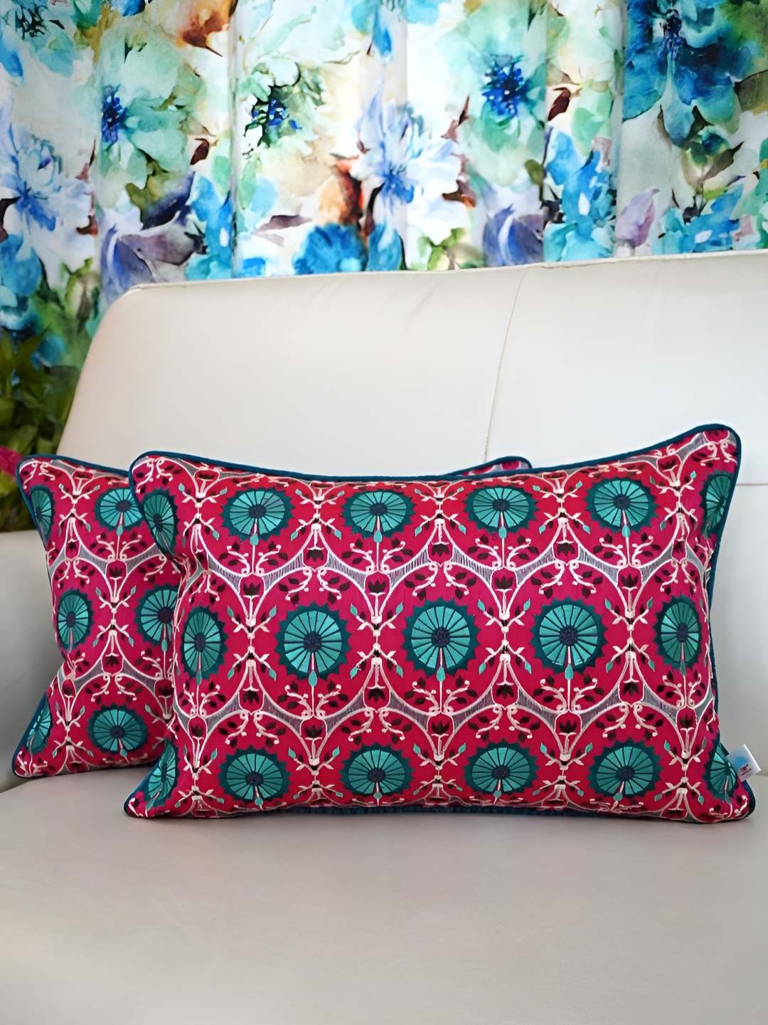 

TARA- Sparkling Homes Pink & Blue 2 Pieces Embroidered Rectangle Cushion Covers