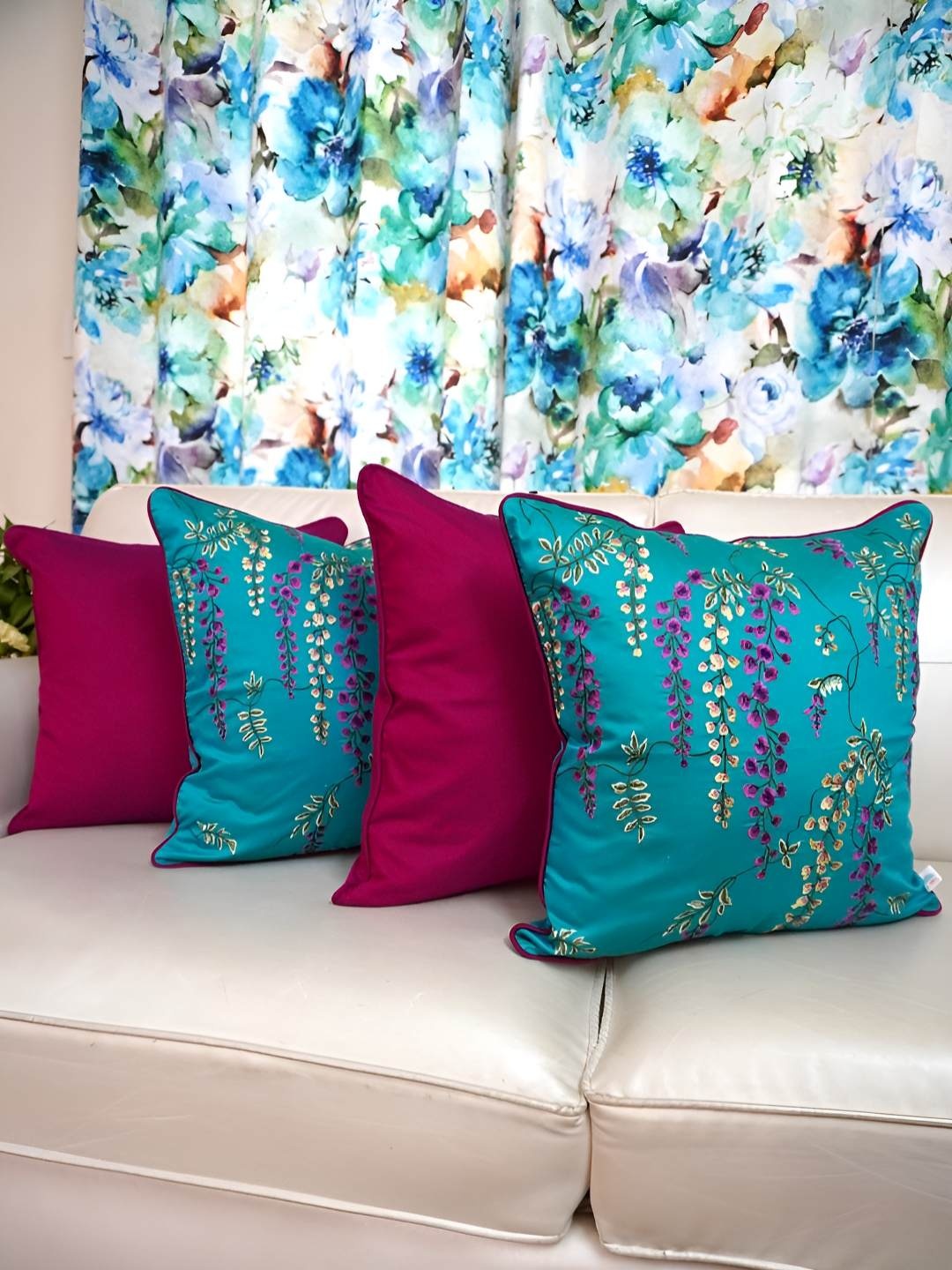 

TARA- Sparkling Homes Blue & Purple 4 Pieces Floral Embroidered Square Cushion Covers