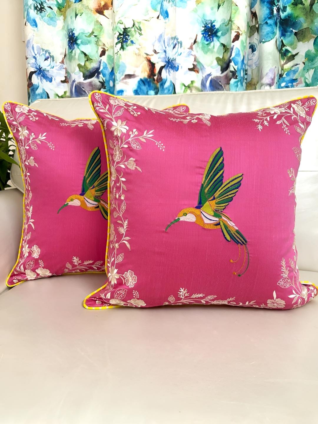 

TARA- Sparkling Homes Pink & Green 2 Pieces Embroidered Square Cushion Covers