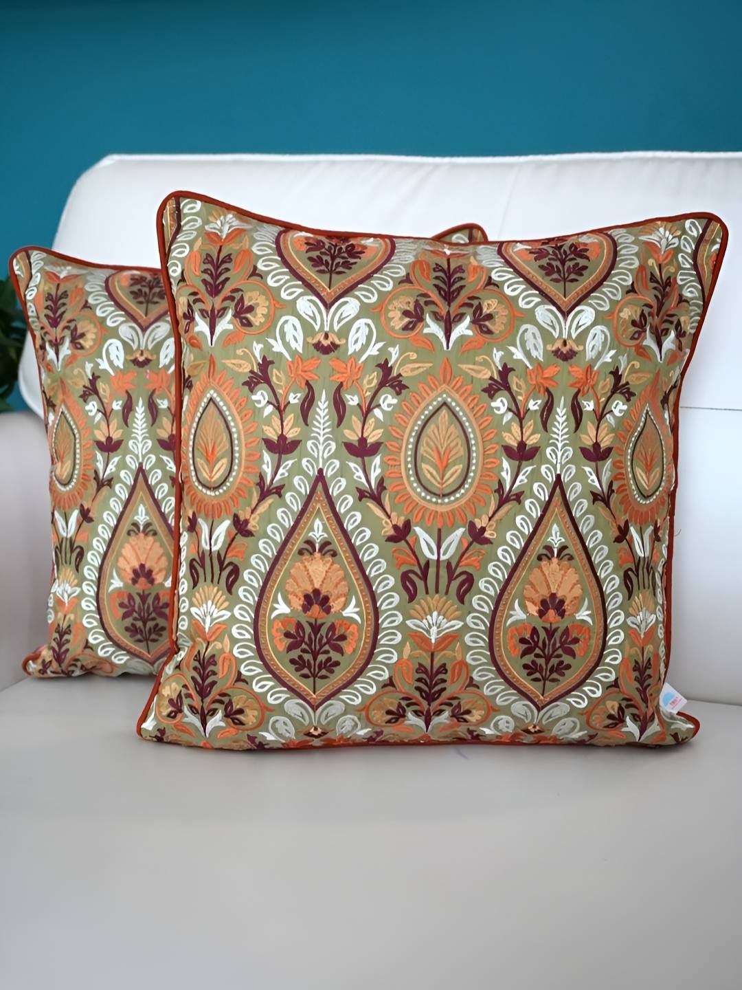 

TARA- Sparkling Homes Green & Maroon 2 Pieces Embroidered Square Cushion Covers