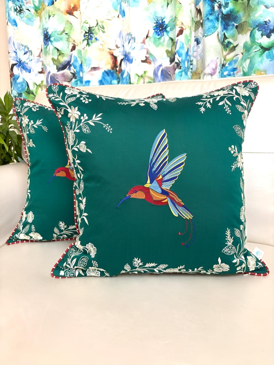 

TARA- Sparkling Homes Green & Red 2 Pieces Floral Embroidered Square Cushion Covers