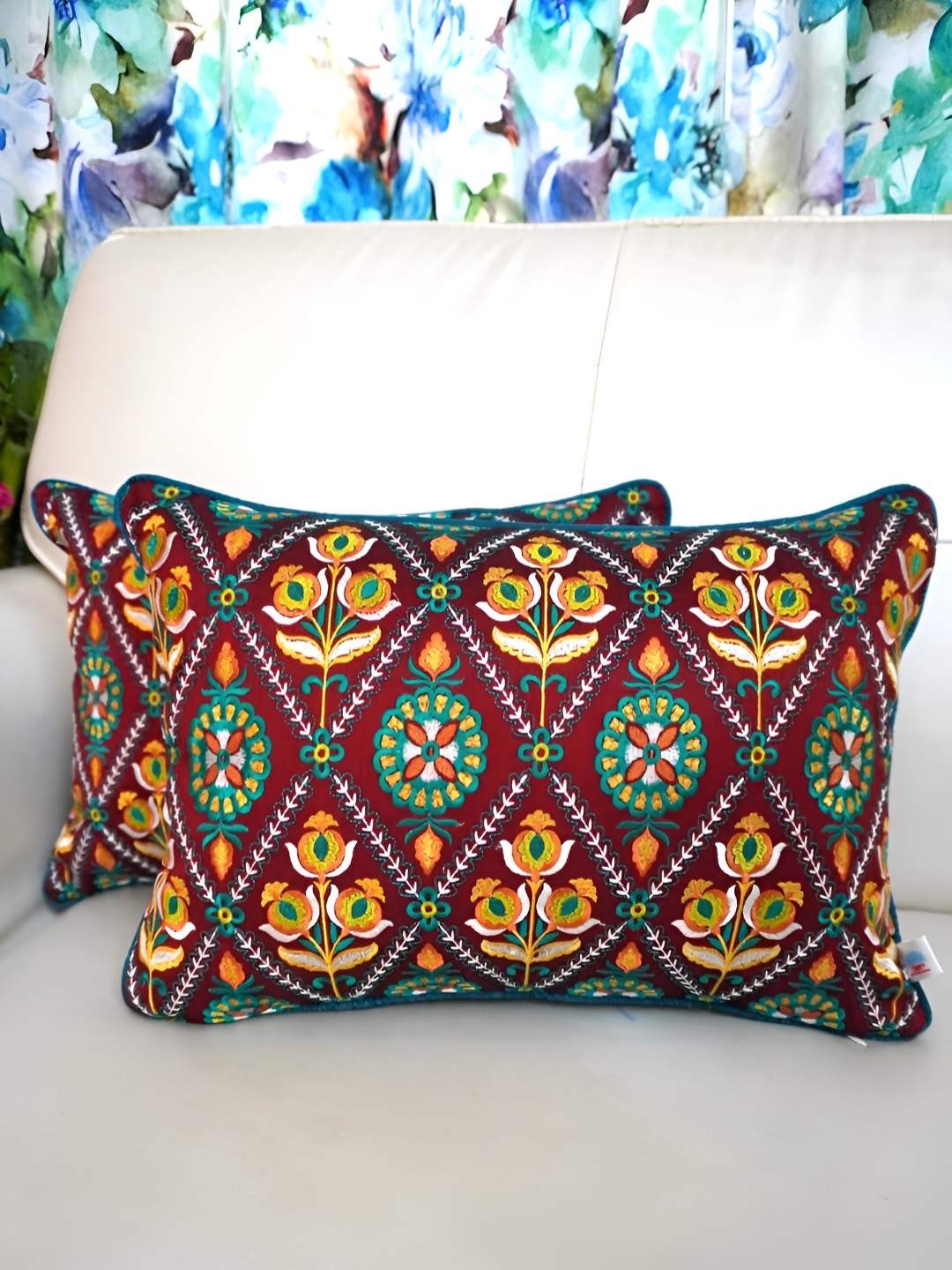 

TARA- Sparkling Homes Red & Yellow 2 Pieces Embroidered Rectangle Cushion Covers