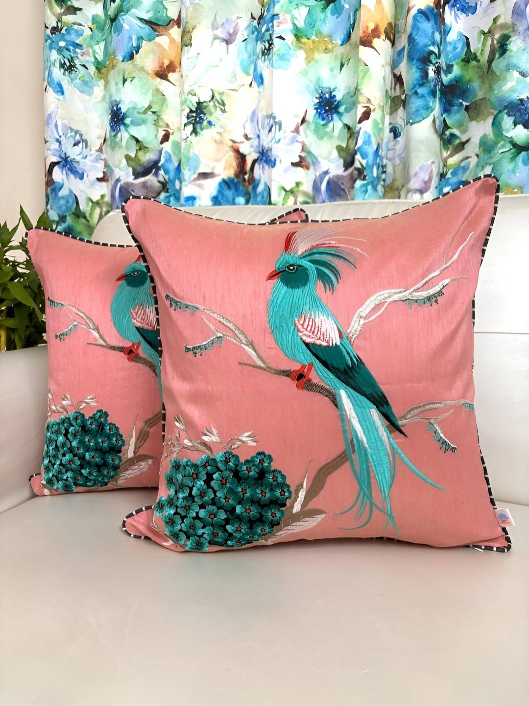 

TARA- Sparkling Homes Pink & Blue 2 Pieces Embroidered Square Cushion Covers