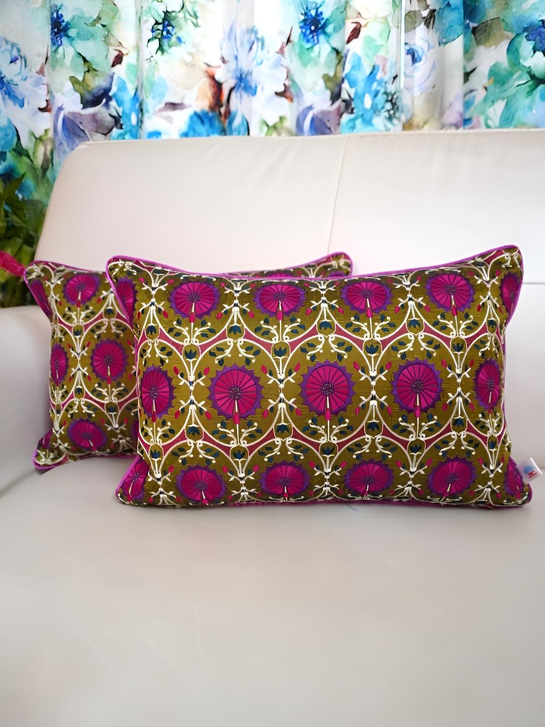 

TARA- Sparkling Homes Green & Purple 2 Pieces Embroidered Rectangle Cushion Covers