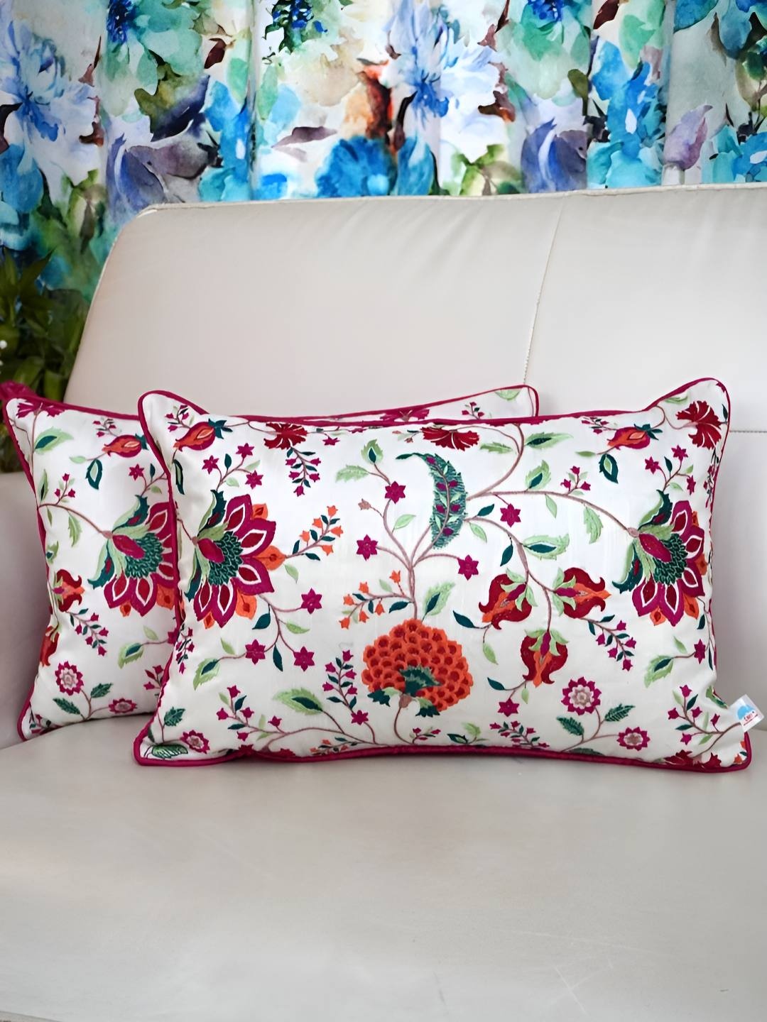 

TARA- Sparkling Homes White & Red 2 Pieces Floral Embroidered Rectangle Cushion Covers