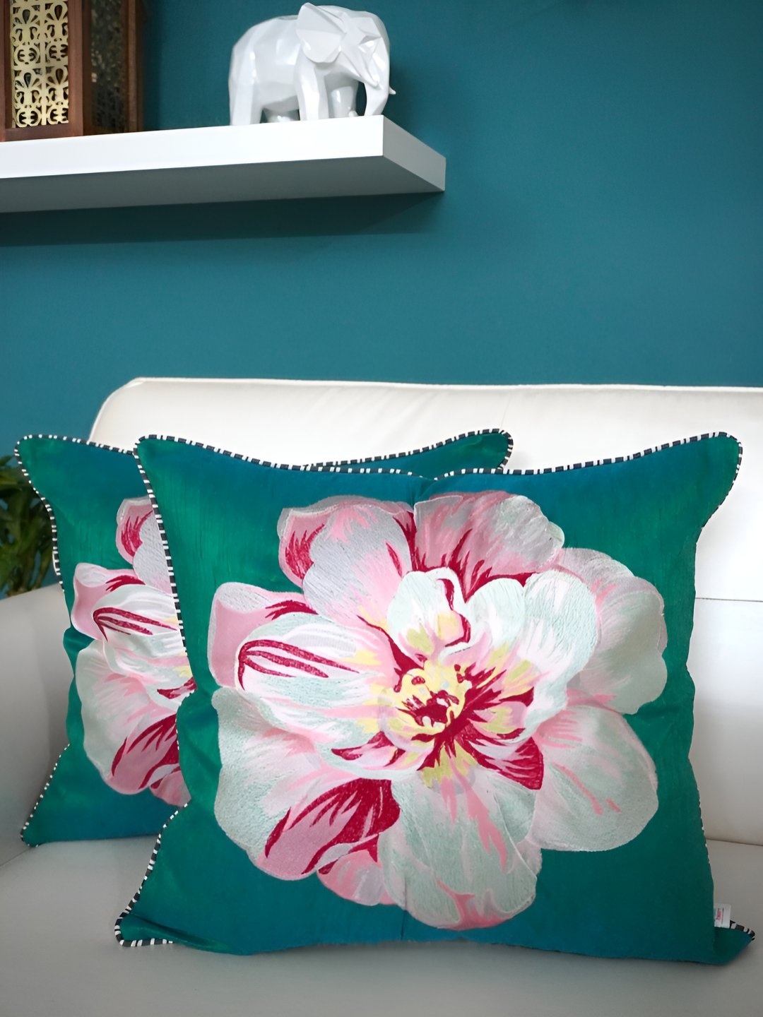 

TARA- Sparkling Homes Sea Green & Pink 2 Pieces Embroidered Square Cushion Covers
