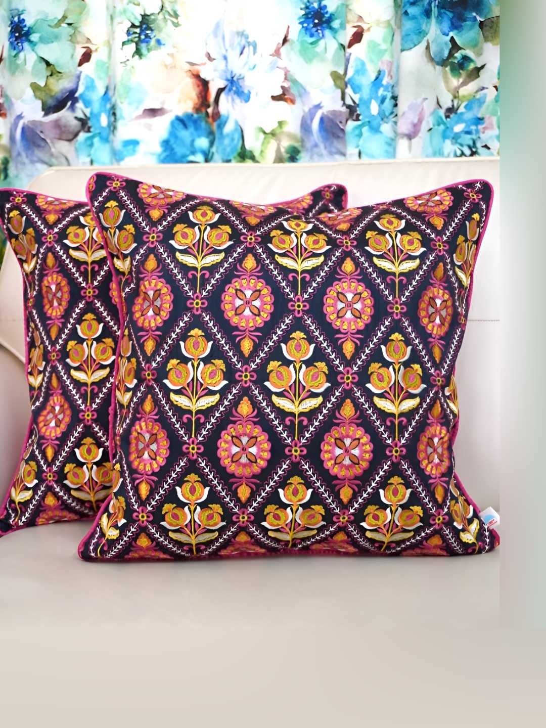 

TARA- Sparkling Homes Pink & Blue 2 Pieces Floral Embroidered Square Cushion Covers
