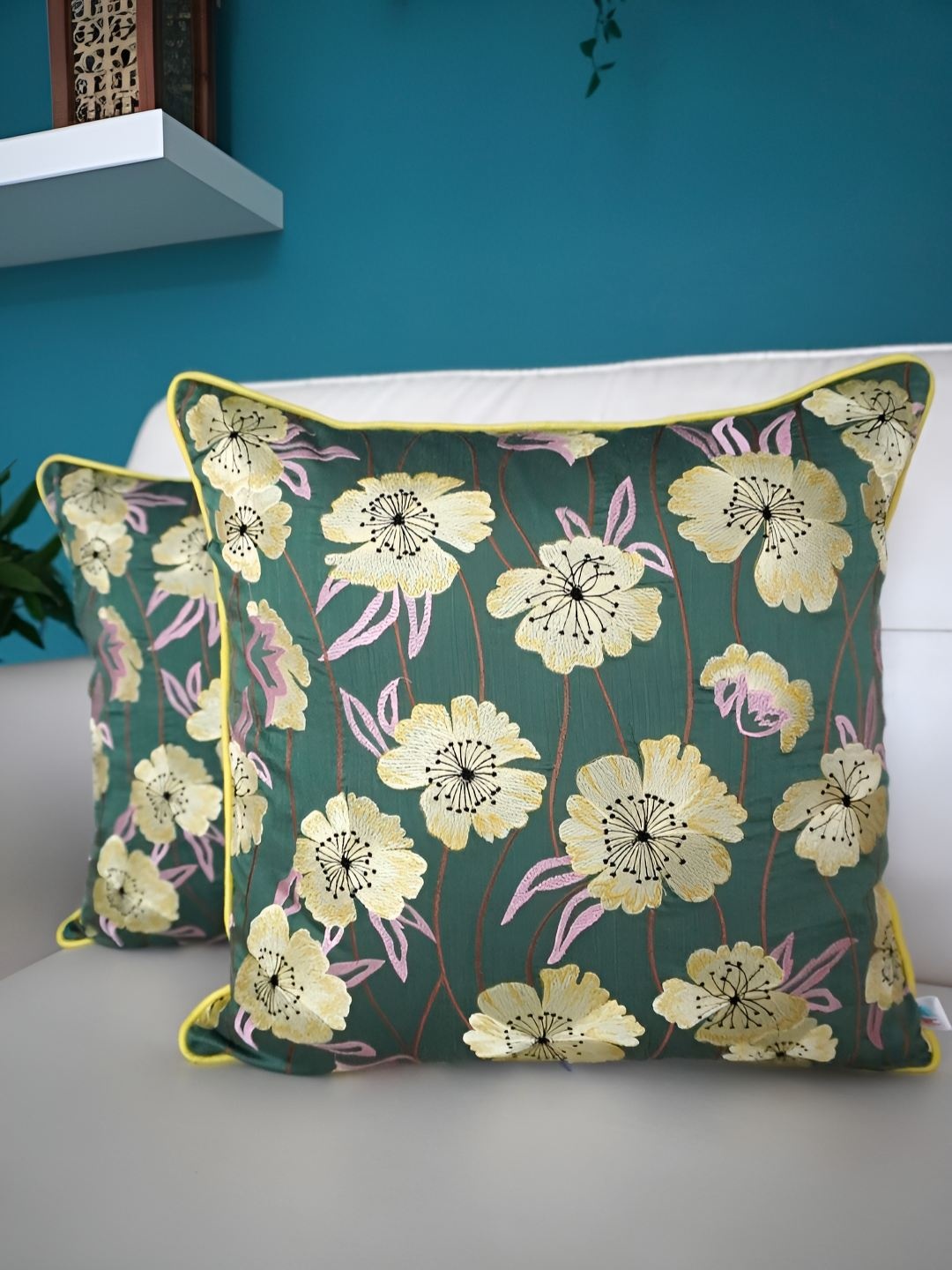 

TARA- Sparkling Homes Green & Yellow 2 Pieces Embroidered Square Cushion Covers