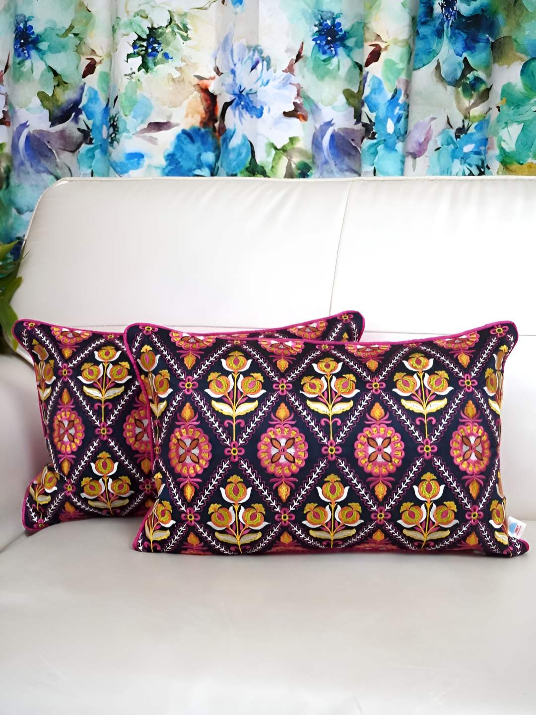 

TARA- Sparkling Homes Navy Blue &Pink 2 Pieces Floral Embroidered Rectangle Cushion Covers