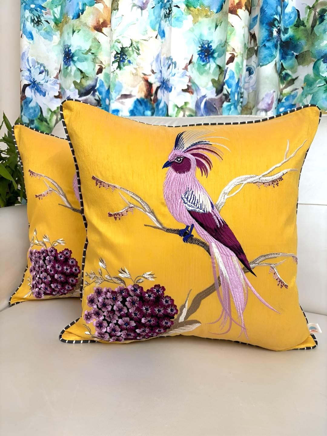 

TARA- Sparkling Homes Yellow & Purple 2 Pieces Embroidered Square Cushion Covers