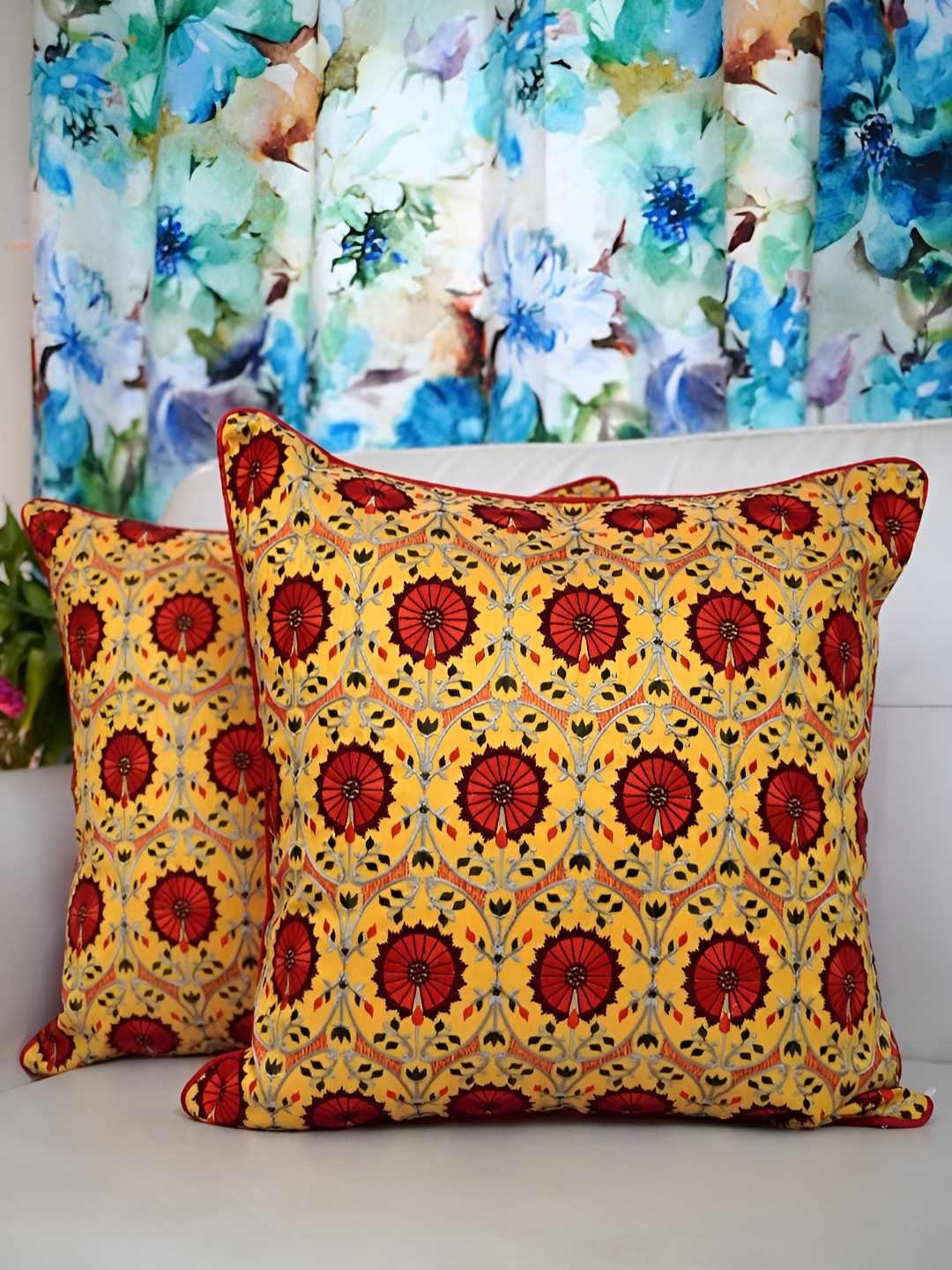 

TARA- Sparkling Homes Yellow & Red 2 Pieces Embroidered Square Cushion Covers