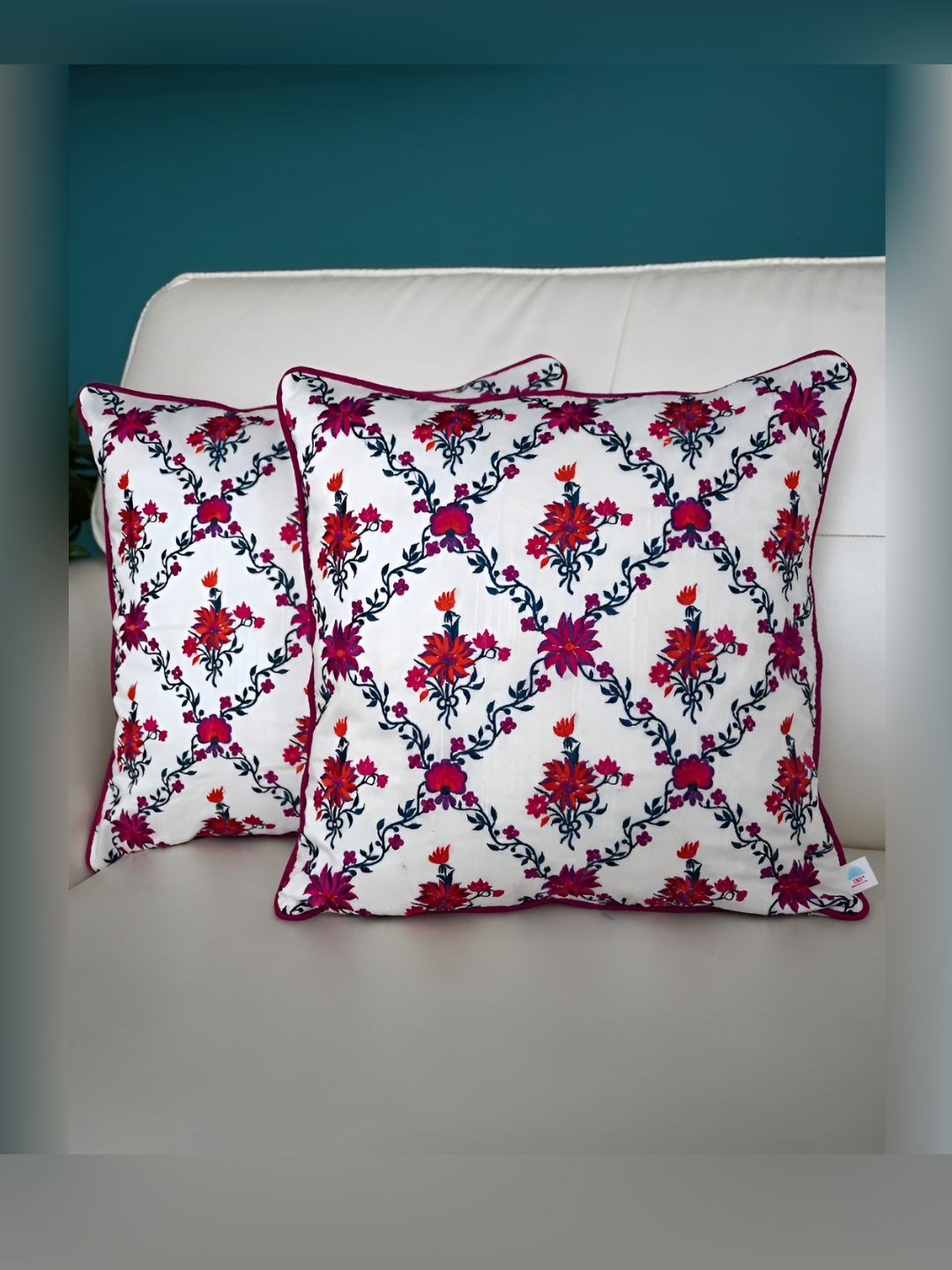 

TARA- Sparkling Homes Burgundy & White 2 Pieces Floral Embroidered Square Cushion Covers