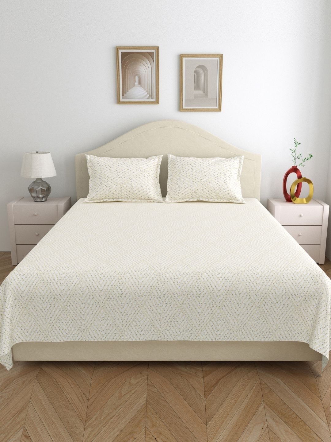 

DREAM WEAVERZ Beige Geometric Printed Cotton 220 TC King Bedsheet With 2 Pillow Covers