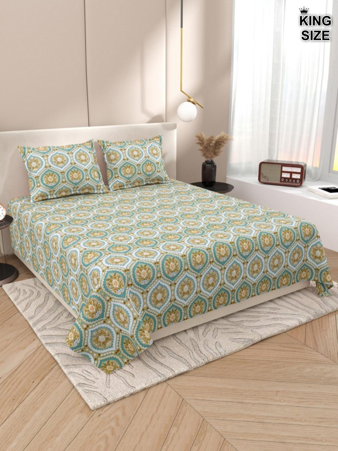 

DREAM WEAVERZ Green Geometric Printed Cotton 220 TC King Bedsheet with 2 Pillow Covers