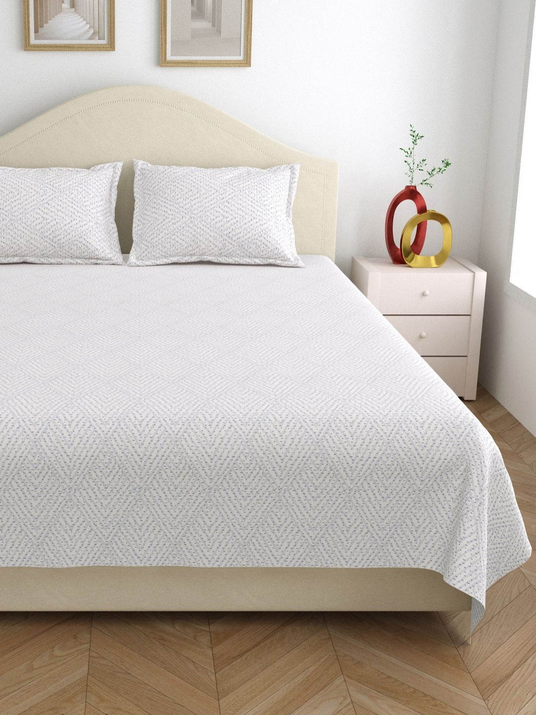 

DREAM WEAVERZ White Geometric Printed Cotton 220 TC King Bedsheet With 2 Pillow Covers