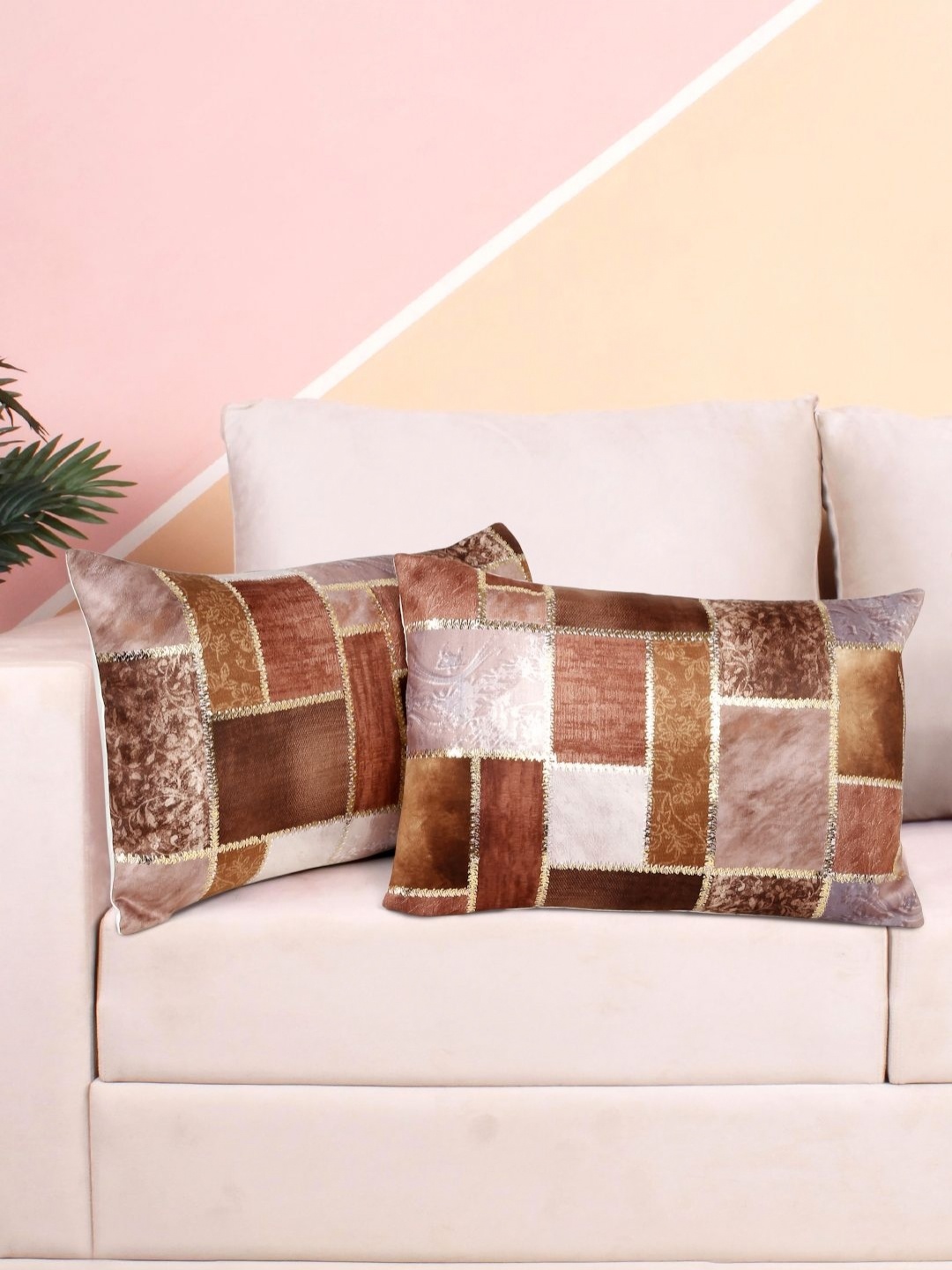 

DREAM WEAVERZ Brown & Gold-Toned 2 Pcs Printed Velvet Rectangle Cushion Covers