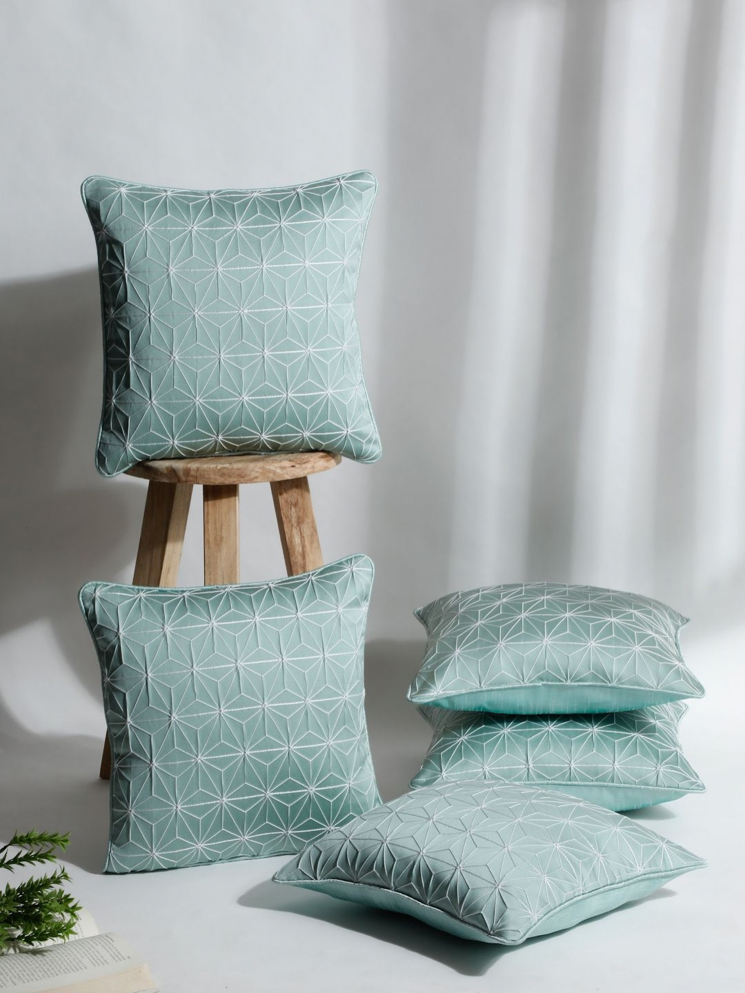 

DREAM WEAVERZ Green 5 Pieces Floral Printed Satin Square Cushion Covers