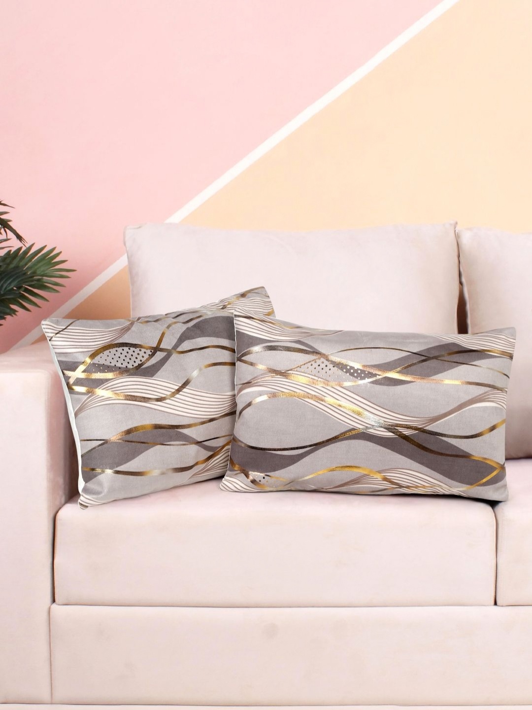 

DREAM WEAVERZ Beige & Gold-Toned 2 Pieces Velvet Rectangle Cushion Covers