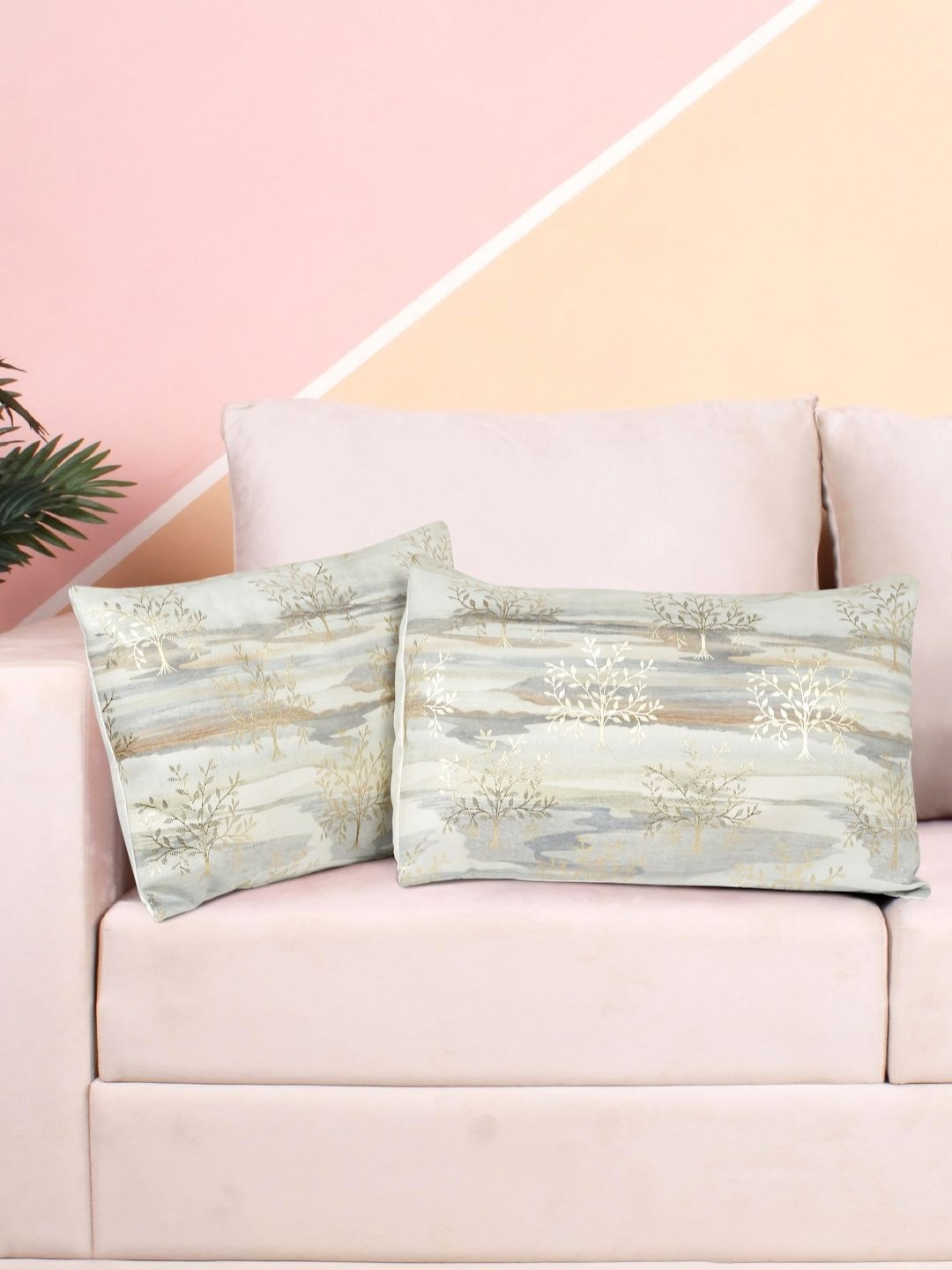 

DREAM WEAVERZ Grey & Beige 2 Pieces Abstract Printed Velvet Rectangle Cushion Covers