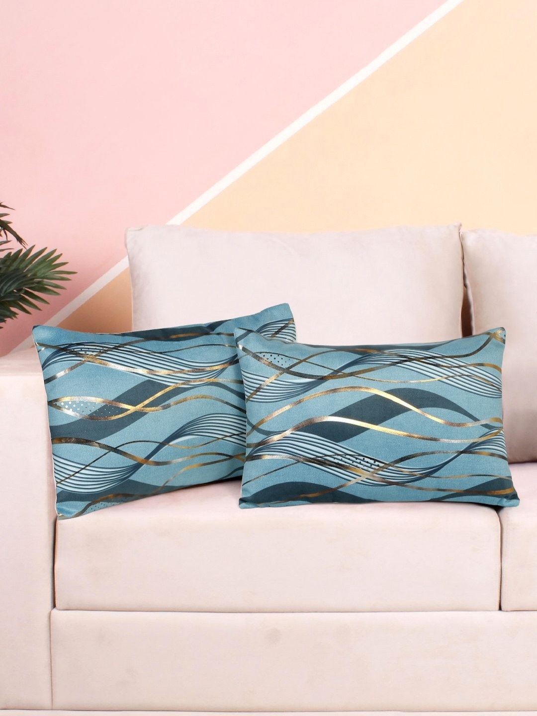 

DREAM WEAVERZ Turquoise Blue 2 Pieces Abstract Printed Velvet Rectangle Cushion Covers