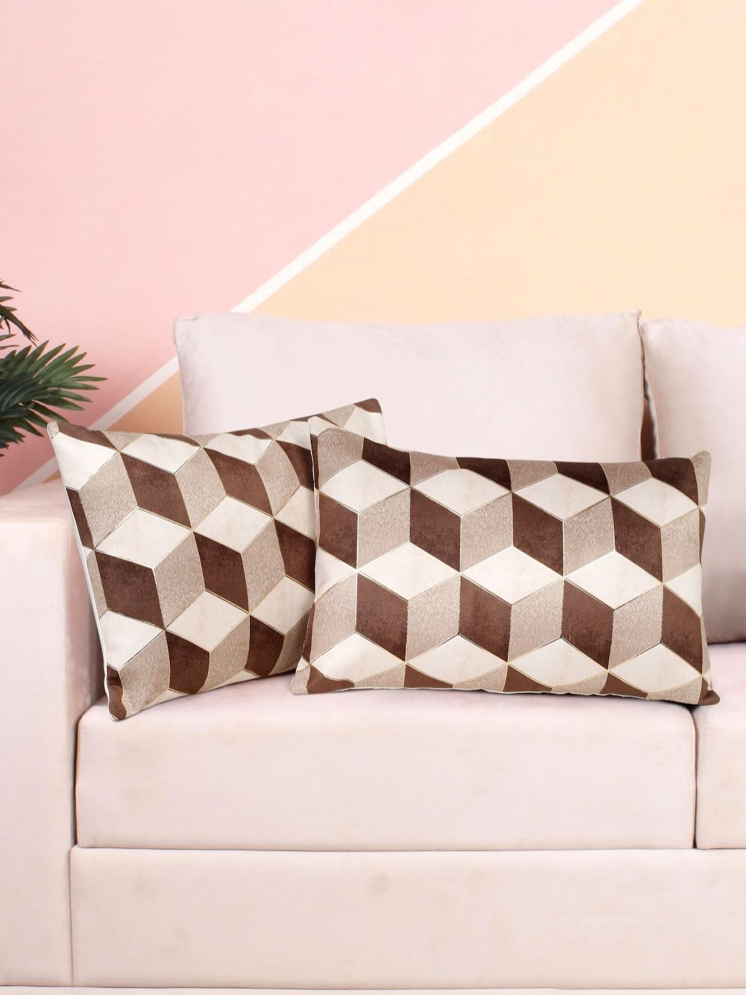 

DREAM WEAVERZ Beige & Brown 2 Pcs Printed & Gold Toned Foil Velvet Cushion Covers