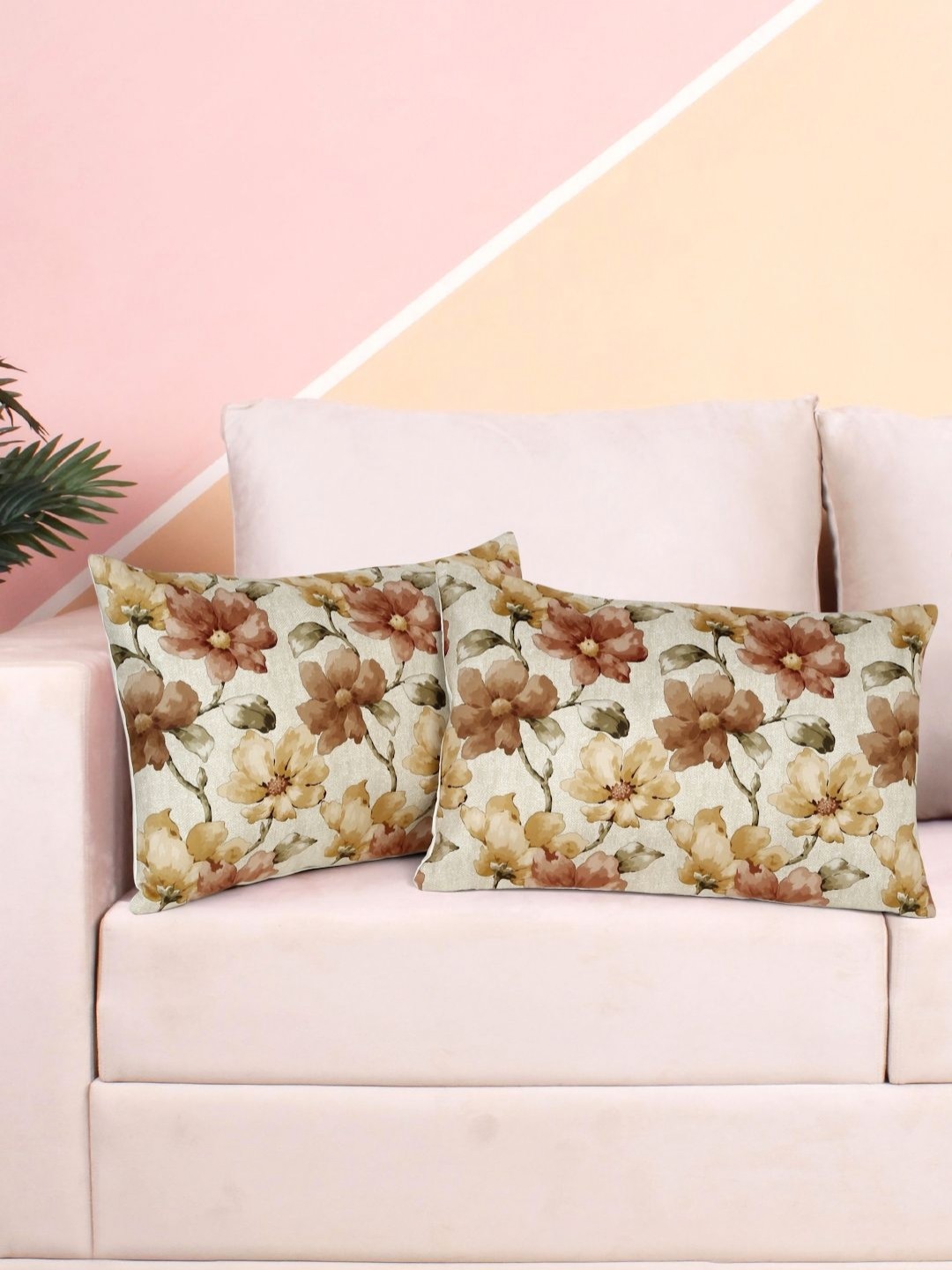 

DREAM WEAVERZ White & Beige 2 Pieces Floral Printed Velvet Rectangle Cushion Covers
