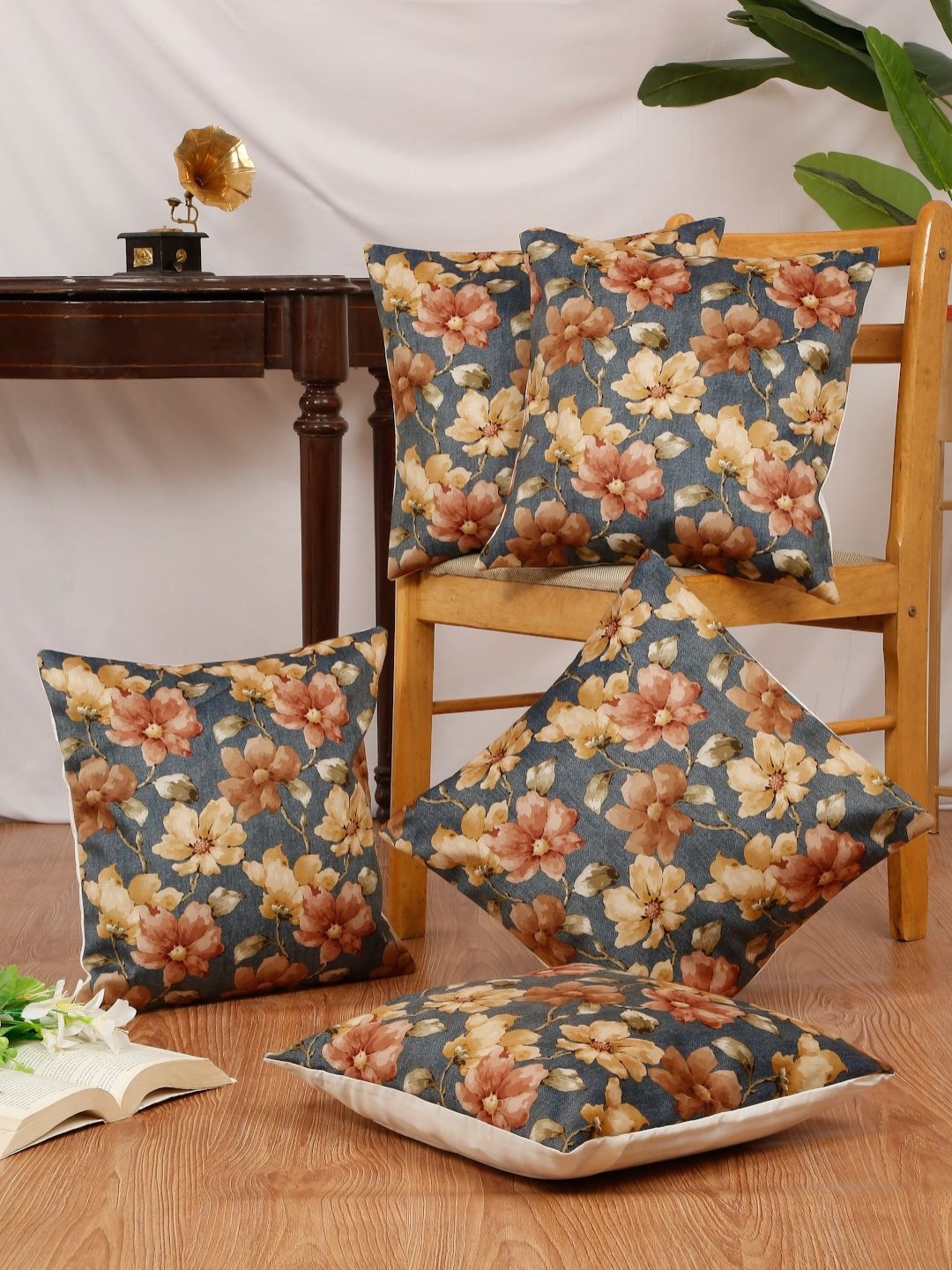 

DREAM WEAVERZ Blue & Yellow 5 Pcs Floral Velvet Square Cushion Covers