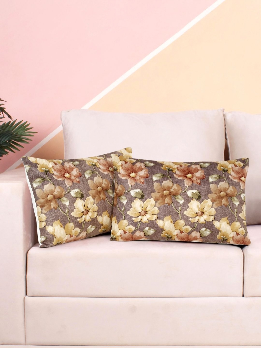 

DREAM WEAVERZ Brown & Yellow 2 Pieces Floral Printed Velvet Rectangle Cushion Covers