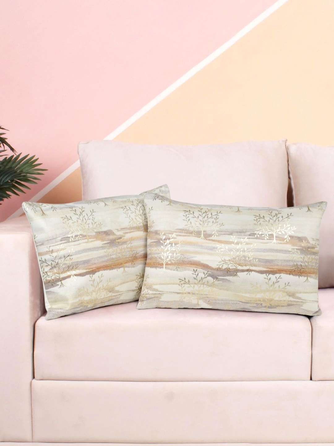 

DREAM WEAVERZ Peach-Coloured 2 Pieces Abstract Printed Velvet Rectangle Cushion Covers