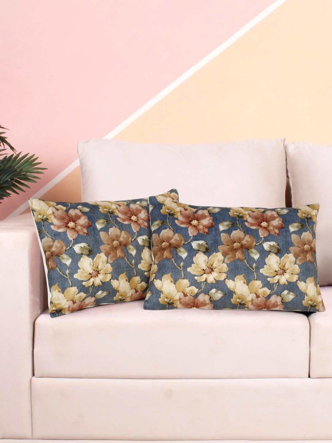 

DREAM WEAVERZ Blue & Beige 2 Pieces Floral Velvet Rectangle Cushion Covers