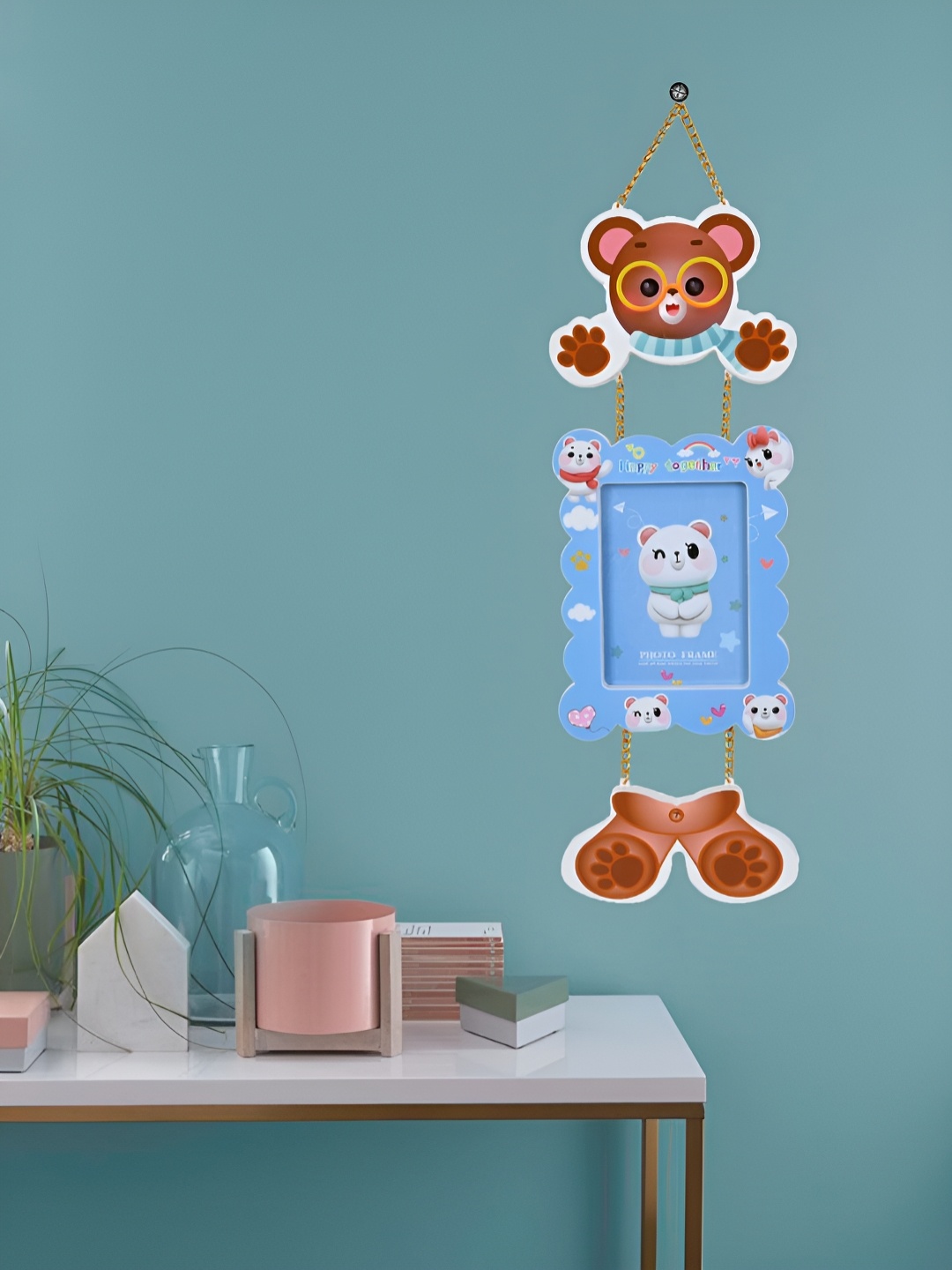 

DREAM WEAVERZ Blue & Brown Printed 3 Tier Hanging Teddy Wall Photo Frame