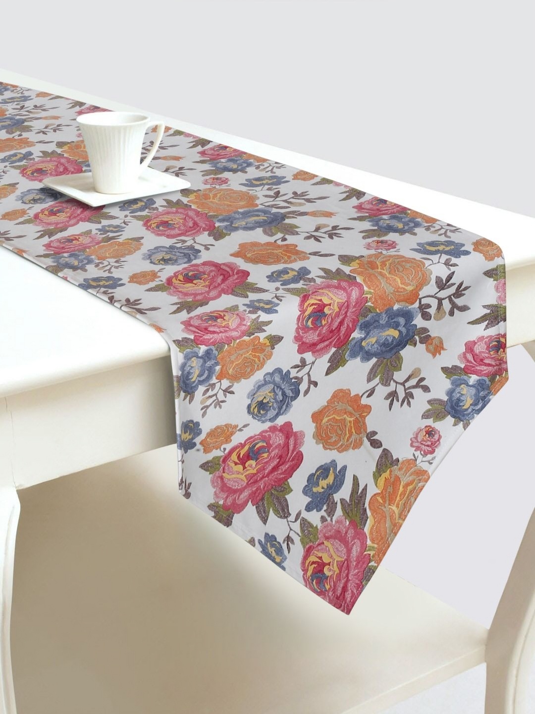 

DREAM WEAVERZ White & Pink Floral Printed Velvet Table Runner