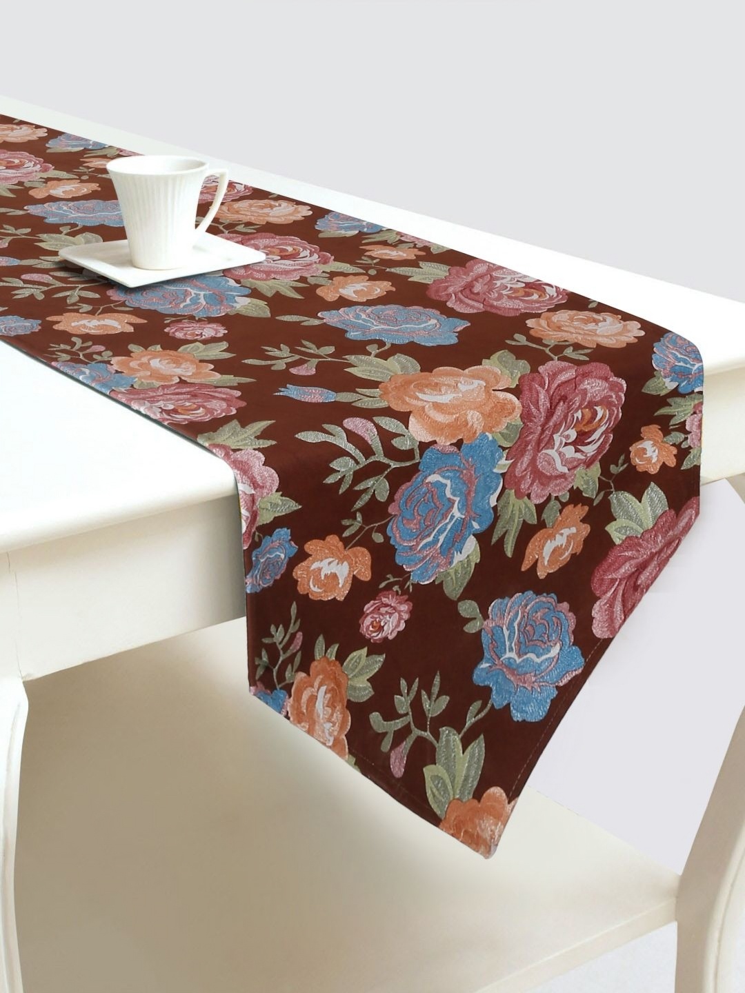 

DREAM WEAVERZ Brown & Blue Floral Printed Velvet Table Runner