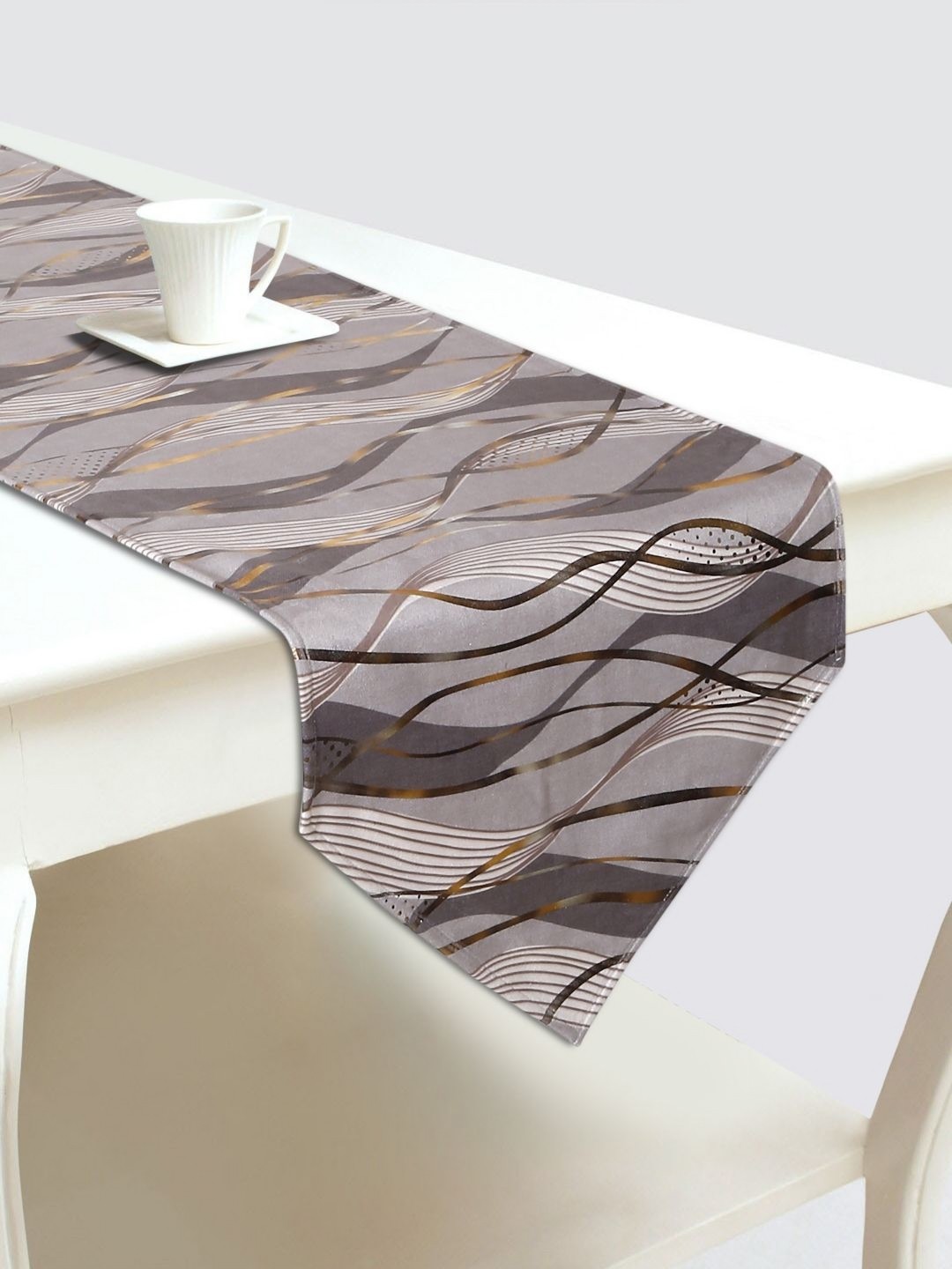 

DREAM WEAVERZ Grey & Gold Toned Abstract Printed Velvet Table Runner
